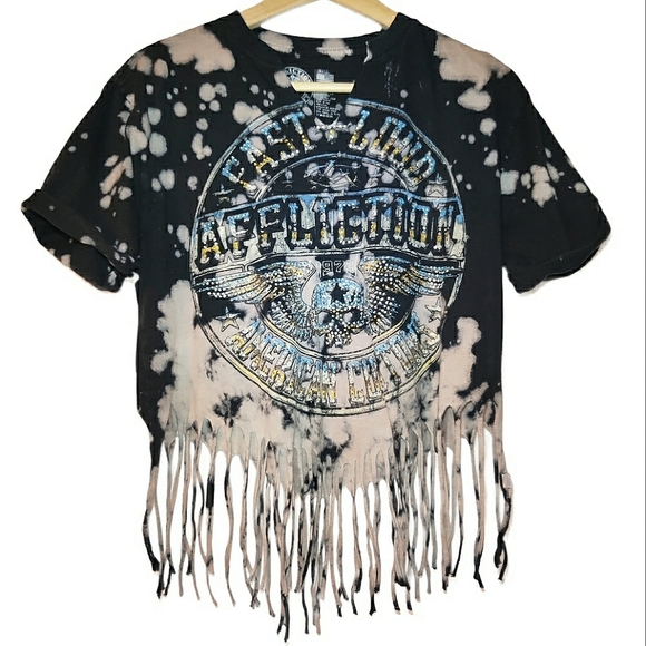 Affliction Tops - Affliction Tie Dye Fringe Short Sleeve Upcycle Tee